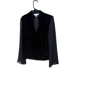 JR Nites‎ by Carol Lin Black Velvet Sheer Sleeve Beaded Blouse Top Size 10